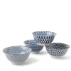 Blue and white assorted patterns on four ceramic bowl set made in Japan available at Miya.