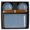 Blue and white cross pattern sushi set for two made in Japan available at Miya.