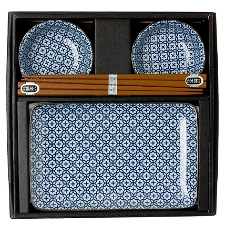 Blue and white cross pattern sushi set for two made in Japan available at Miya.