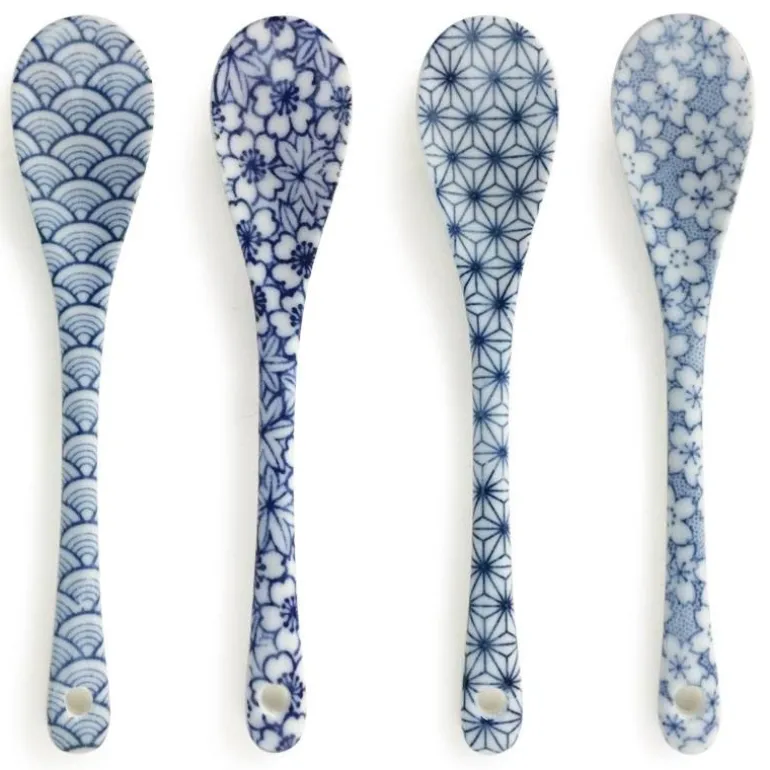 Blue and White Japanese Pattern Dessert Spoon Set Available at Miya.