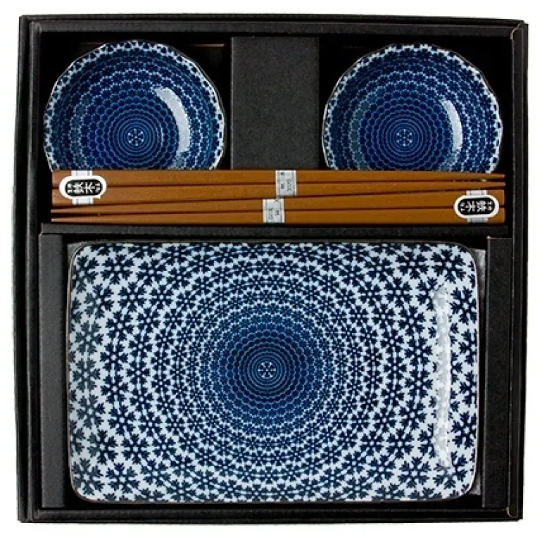 Blue and white snow pattern sushi for two set made in Japan available at Miya.