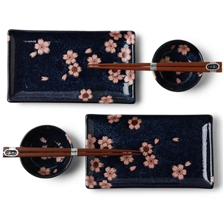 Blue ceramics with pink sakura design made in Japan available at Miya.