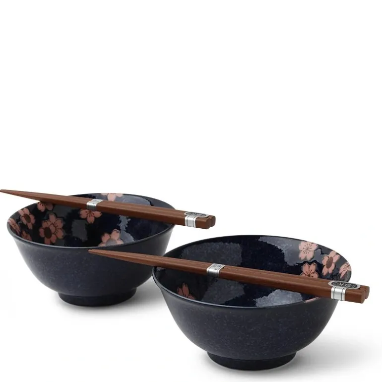 Blue ceramics with pink sakura design made in Japan available at Miya.