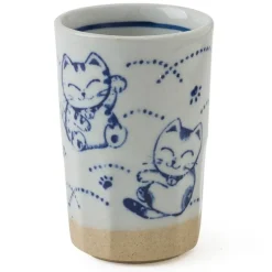 Ceramic Blue and White Fortune Cat Maneki Neko Juice Beer Cup Made in Japan.