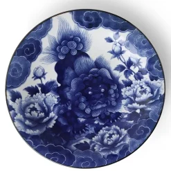 Komainu lion dog design on a blue and white serving plate made in Japan available at Miya.